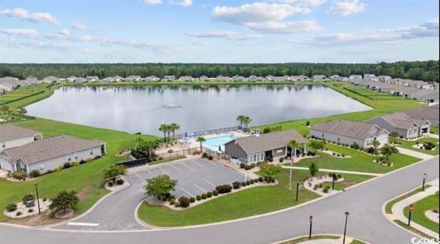 aerial view featuring a water view