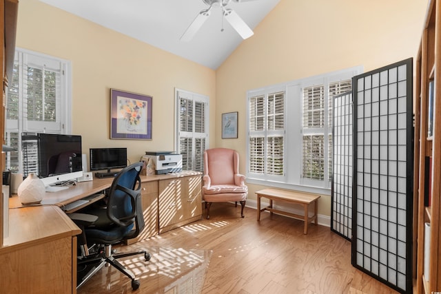 4491 Horseshoe Bnd, Murrells Inlet, SC 29576 - home office featuring ceiling fan, light wood finished floors, high vaulted ceiling, and baseboards