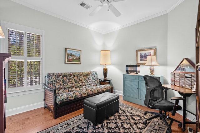 4491 Horseshoe Bnd, Murrells Inlet, SC 29576 - home office with baseboards, crown molding, ceiling fan, and wood finished floors