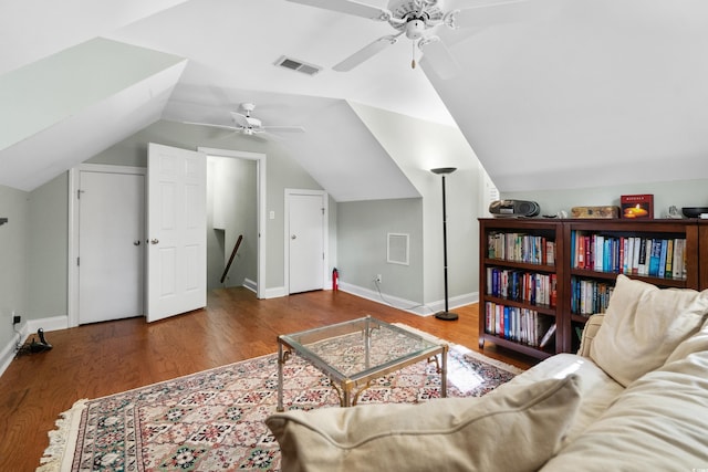 4491 Horseshoe Bnd, Murrells Inlet, SC 29576 - living area featuring ceiling fan, wood finished floors, baseboards, and vaulted ceiling