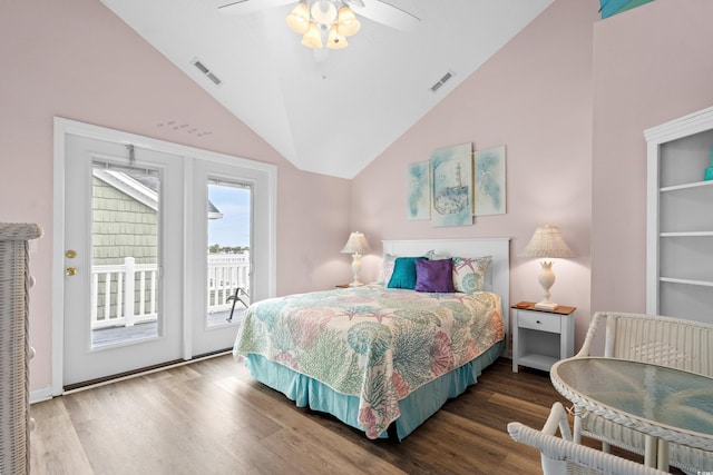 bedroom with access to exterior, dark hardwood / wood-style floors, high vaulted ceiling, and ceiling fan