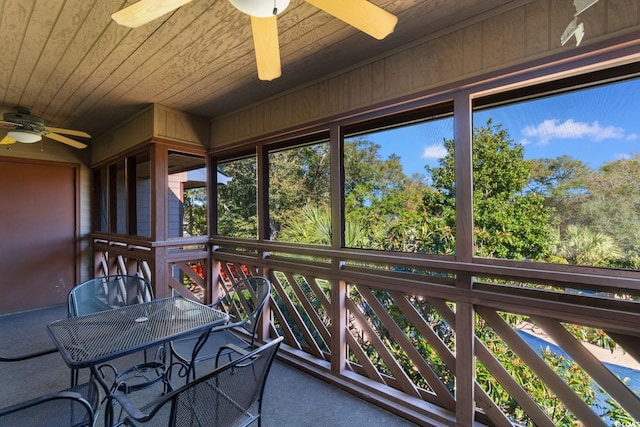 sunroom / solarium with ceiling fan and wooden ceiling