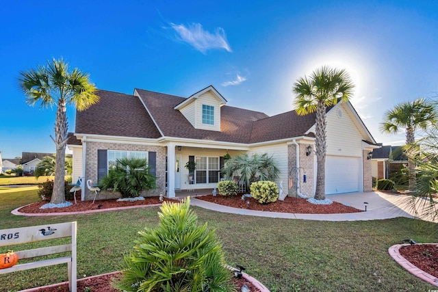 cape cod house with concrete driveway, brick siding, an attached garage, and a front lawn