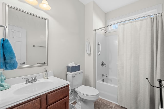 full bathroom featuring shower / bath combo, tile patterned floors, vanity, and toilet