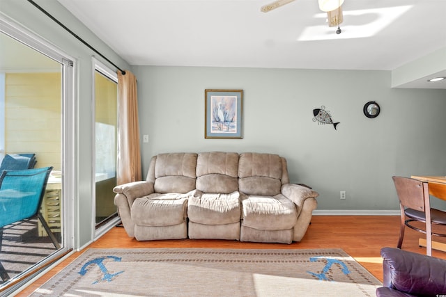 living room with ceiling fan and hardwood / wood-style flooring