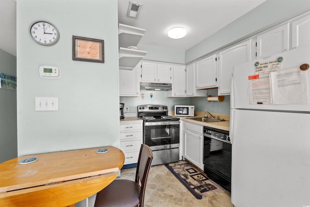 kitchen with white cabinetry, white appliances, and sink