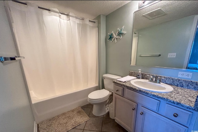 1625 S Ocean Blvd Unit 1002, North Myrtle Beach, SC 29582 - full bathroom with a textured ceiling, toilet, vanity, tile patterned flooring, and shower / bathtub combination with curtain