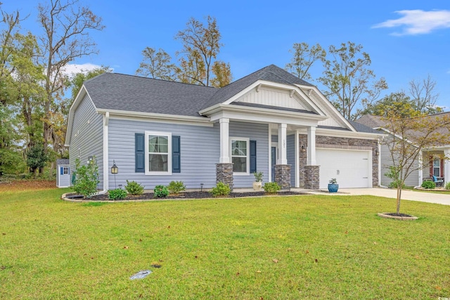 craftsman-style home with a garage and a front lawn