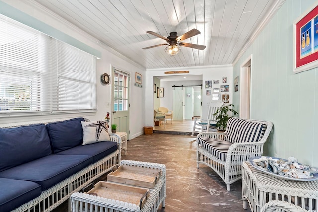 sunroom / solarium with a barn door, ceiling fan, and wooden ceiling