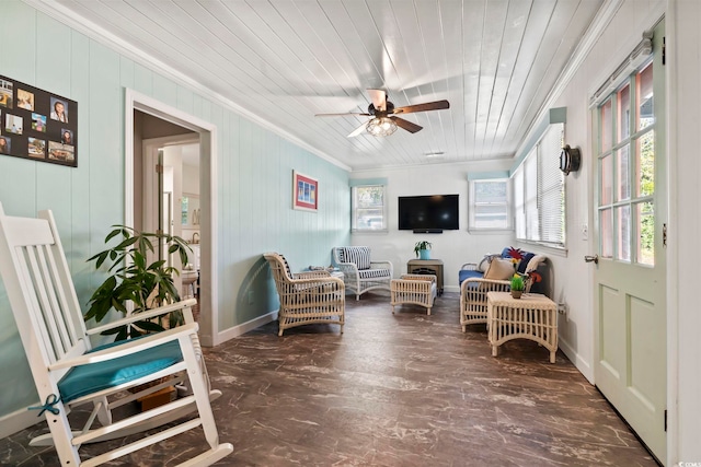 sunroom featuring ceiling fan and wood ceiling