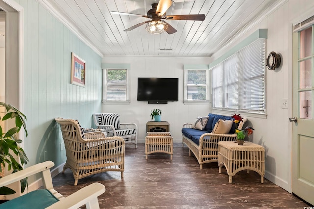 sunroom / solarium featuring ceiling fan and wooden ceiling