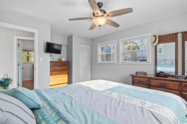 bedroom featuring ceiling fan and a closet