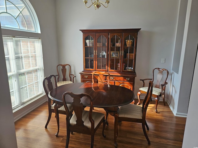 dining space with a chandelier, a wealth of natural light, and wood-type flooring