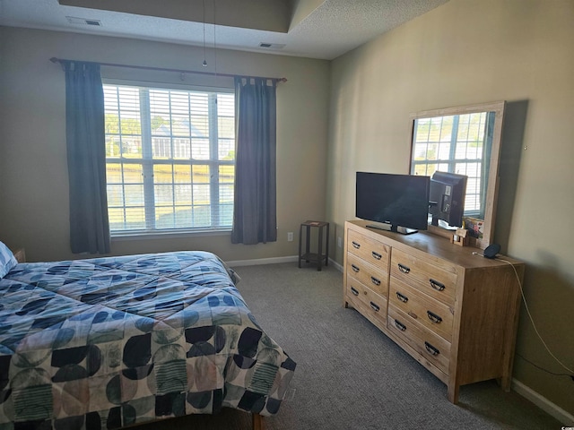 bedroom with carpet flooring, a textured ceiling, and multiple windows