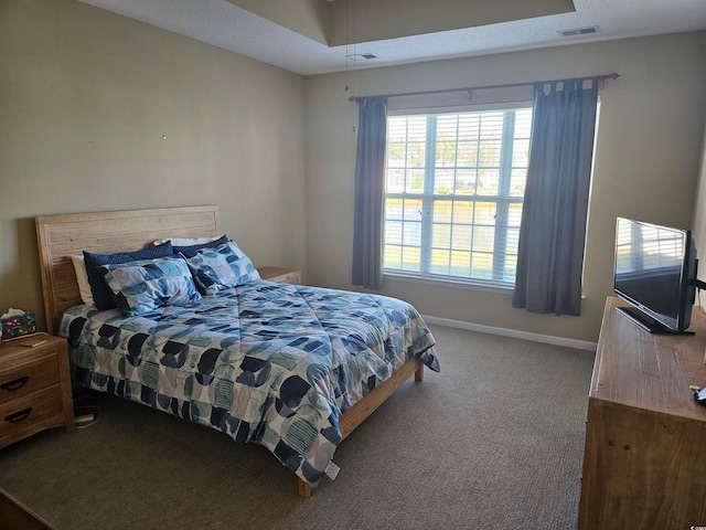 bedroom with carpet flooring and a textured ceiling