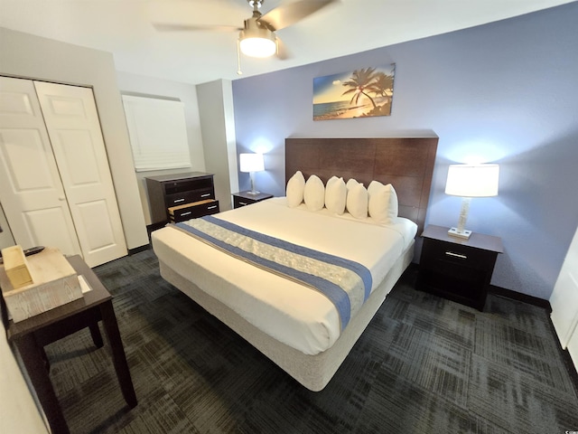 bedroom featuring ceiling fan and a closet