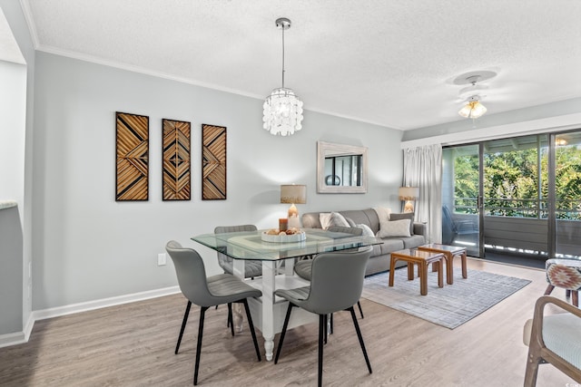 dining area featuring crown molding, hardwood / wood-style floors, and a textured ceiling