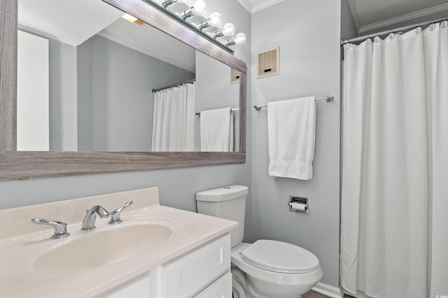 491 Ocean Creek Dr Unit 2614, Myrtle Beach, SC 29572 - full bathroom featuring vanity, toilet, ornamental molding, a shower with curtain, and a textured ceiling
