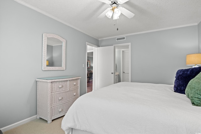 491 Ocean Creek Dr Unit 2614, Myrtle Beach, SC 29572 - bedroom featuring ornamental molding, light carpet, a textured ceiling, a ceiling fan, and baseboards