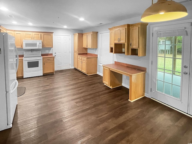 kitchen with light brown cabinetry, white appliances, and dark hardwood / wood-style floors