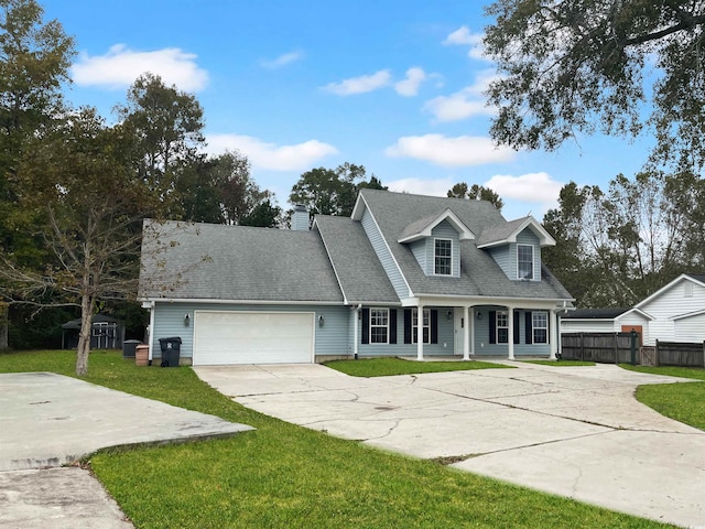 cape cod-style house with a front yard and a garage