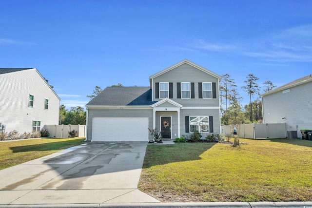 view of front of property with central AC, a front lawn, and a garage