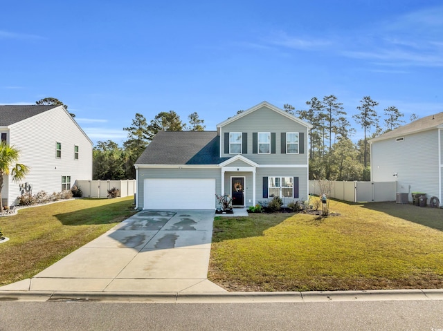 view of front of property with a front lawn and a garage