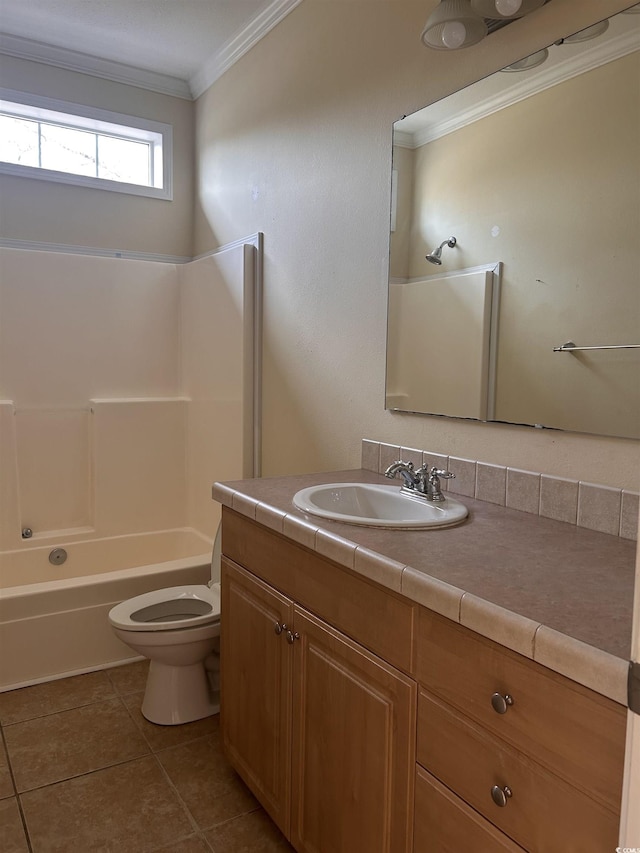 full bathroom with shower / washtub combination, tile patterned flooring, ornamental molding, vanity, and toilet