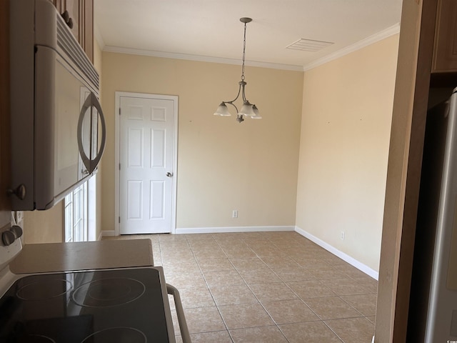 unfurnished dining area featuring ornamental molding, light tile patterned flooring, and a chandelier