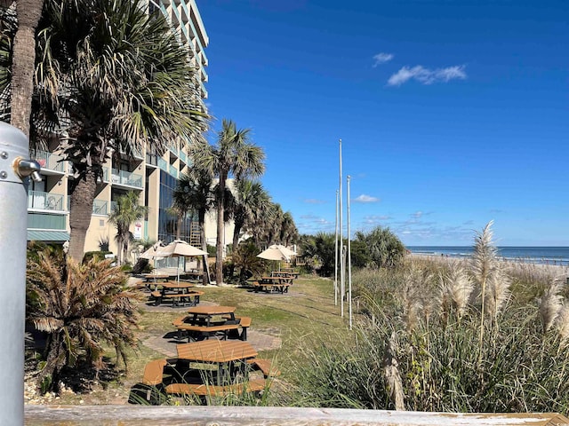 view of yard featuring a water view and a view of the beach