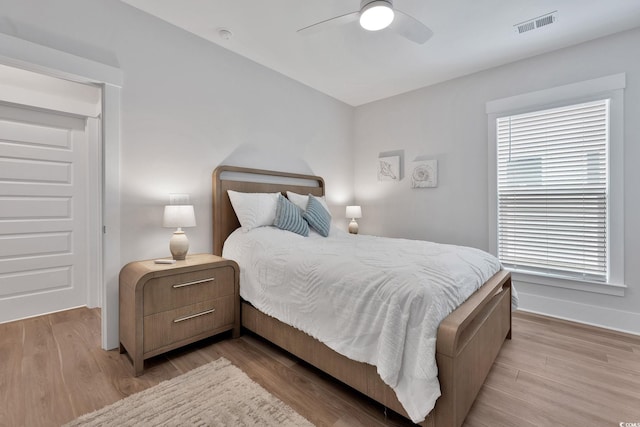 bedroom featuring ceiling fan and light hardwood / wood-style flooring