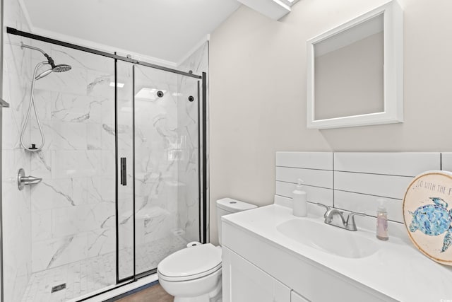 bathroom featuring tasteful backsplash, vanity, walk in shower, a baseboard heating unit, and toilet