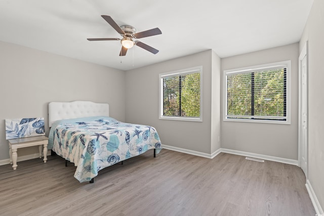 bedroom with ceiling fan and light wood-type flooring