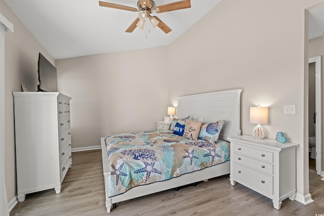 bedroom featuring ceiling fan and light wood-type flooring