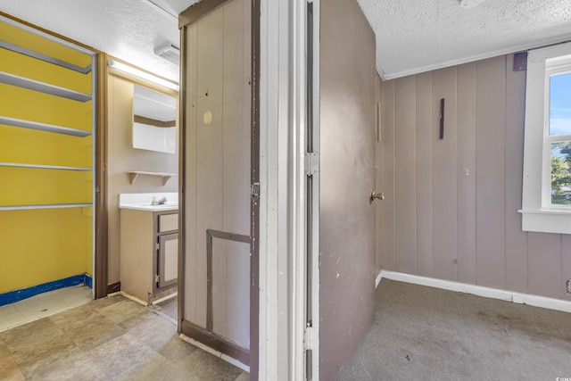 hall featuring light carpet and a textured ceiling