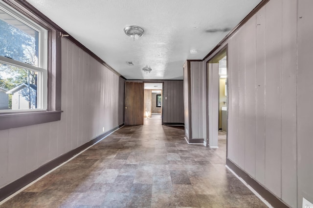 corridor featuring wooden walls