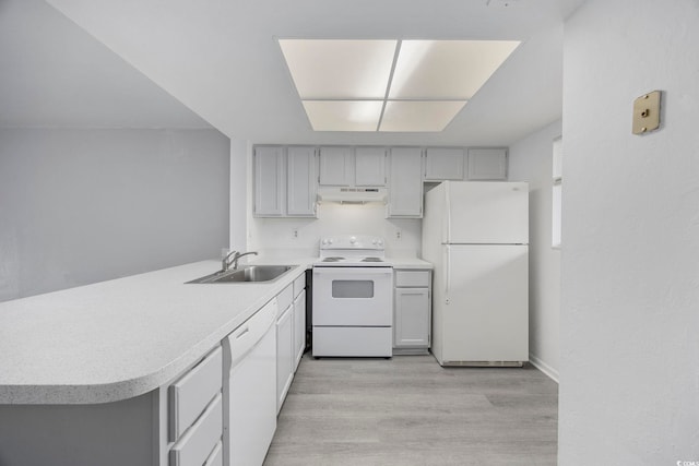 kitchen with kitchen peninsula, white appliances, sink, light hardwood / wood-style flooring, and gray cabinets