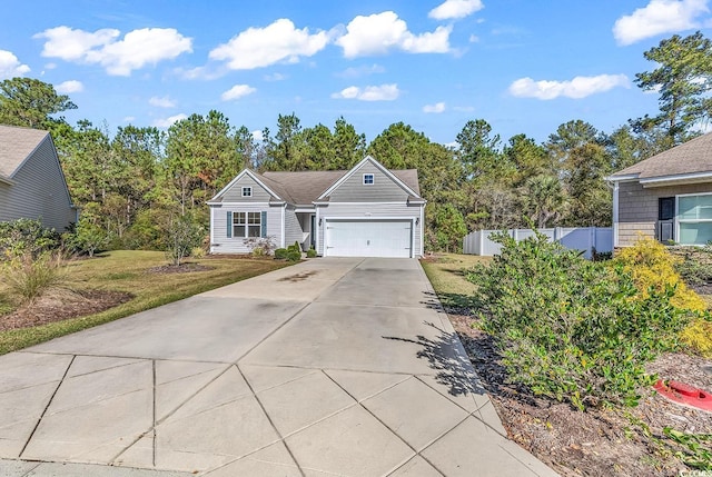 ranch-style house featuring a garage and a front lawn