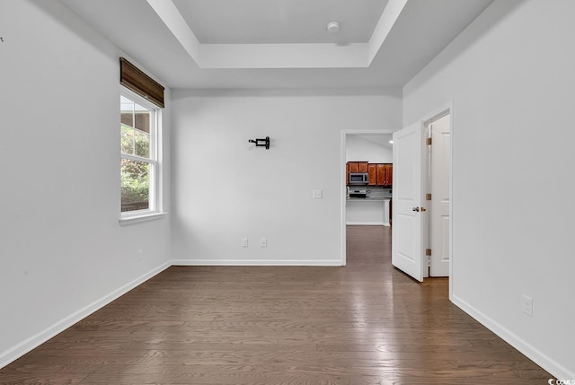 spare room featuring a raised ceiling and dark wood-type flooring