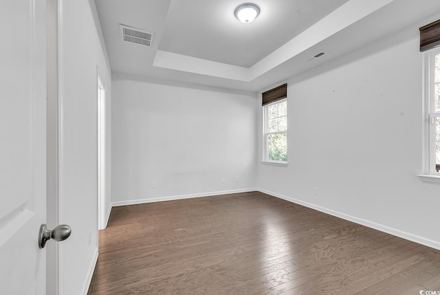 spare room featuring a raised ceiling and dark wood-type flooring