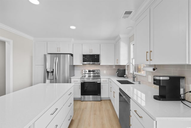 kitchen with tasteful backsplash, sink, white cabinets, and appliances with stainless steel finishes