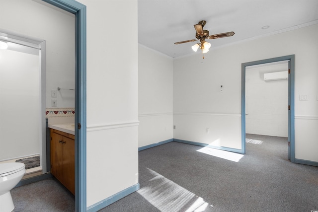 unfurnished room featuring dark colored carpet, ceiling fan, ornamental molding, and a wall mounted AC