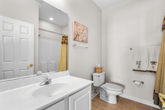 bathroom with walk in shower, tile patterned flooring, vanity, and toilet