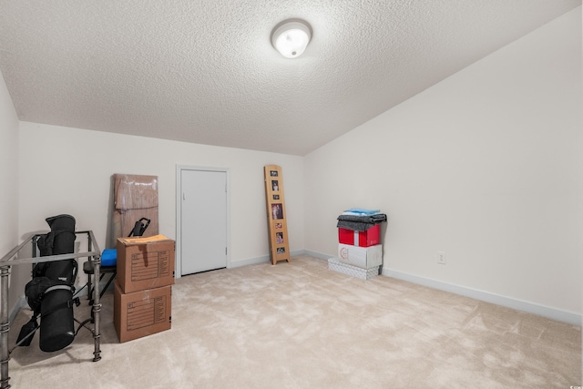 carpeted office space with a textured ceiling