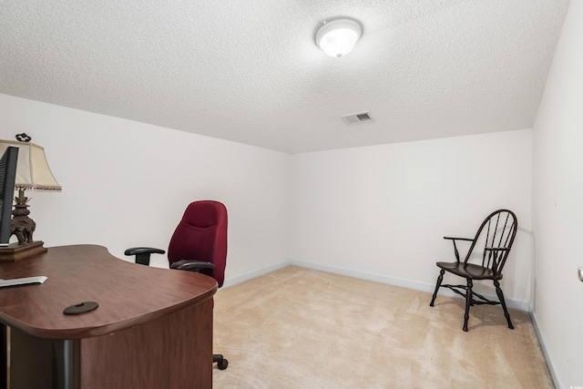 home office with light colored carpet and a textured ceiling