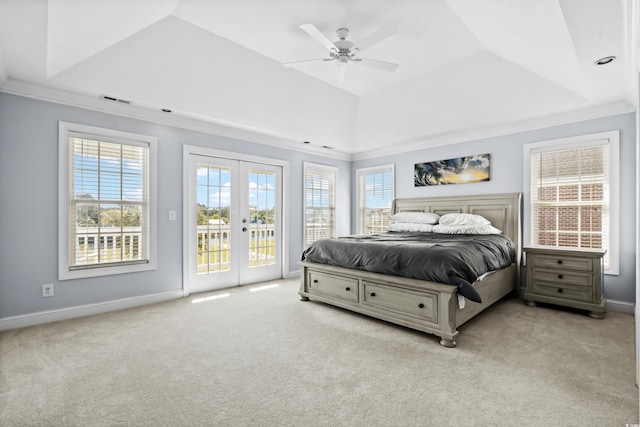 bedroom featuring french doors, crown molding, ceiling fan, access to exterior, and light colored carpet