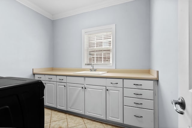 interior space with tile patterned floors, vanity, and ornamental molding