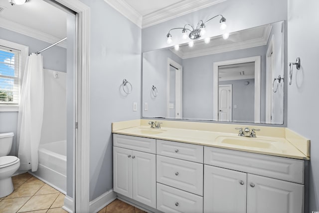 full bathroom featuring vanity, crown molding, tile patterned flooring, toilet, and shower / bathtub combination with curtain