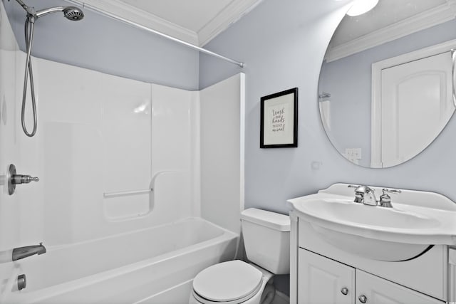 full bathroom with vanity, tub / shower combination, toilet, and ornamental molding