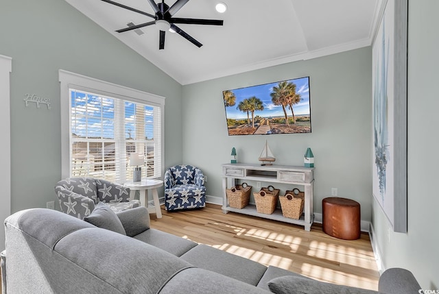 6001-1778 S Kings Hwy, Myrtle Beach, SC 29575 - living room with hardwood / wood-style flooring, ceiling fan, crown molding, and vaulted ceiling